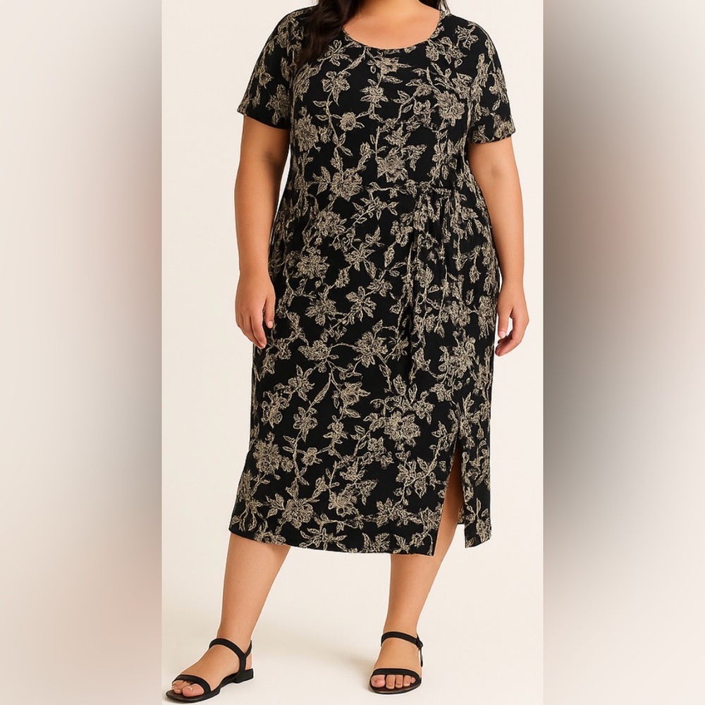 Plus Floral Tie-Waist Midi Dress in Black